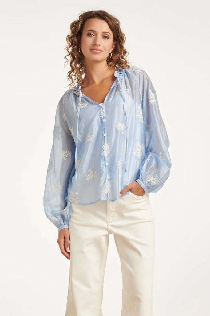 Ruffle Collar Silk Blouse in Light Blue