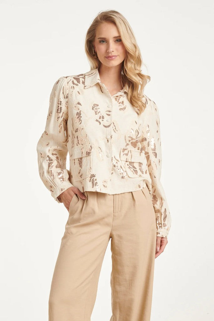 Sequin Floral Jacket in Sand