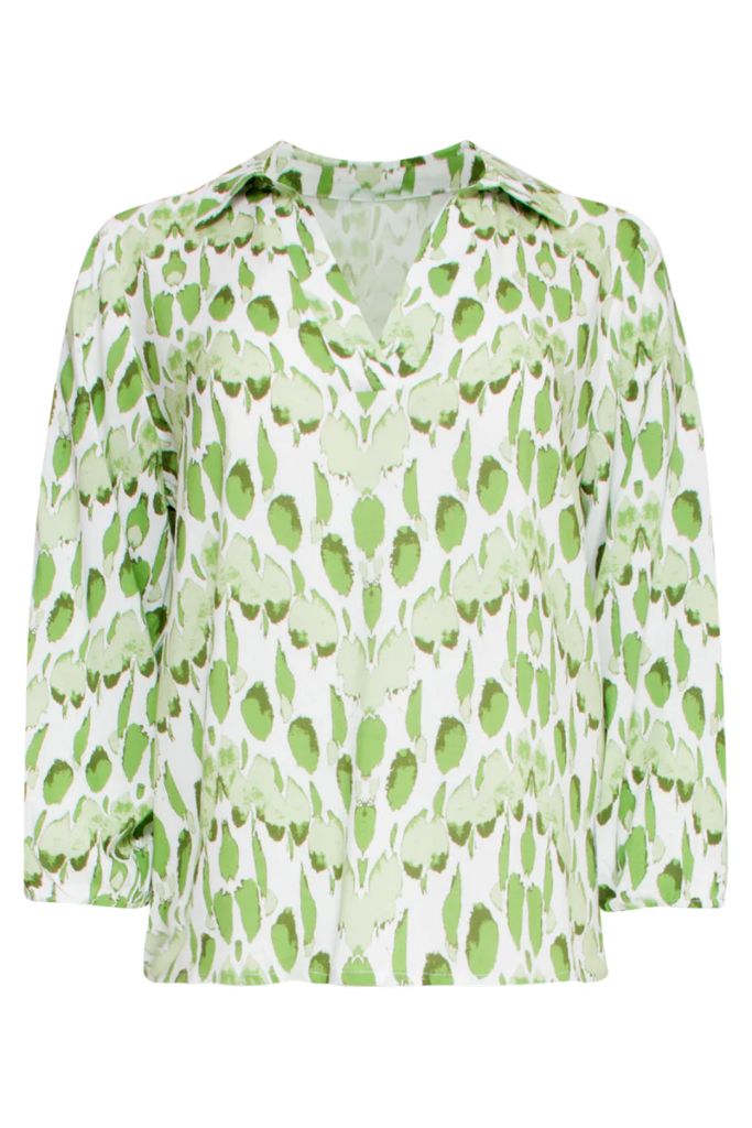 V-Neck Printed Blouse in White / Light Green