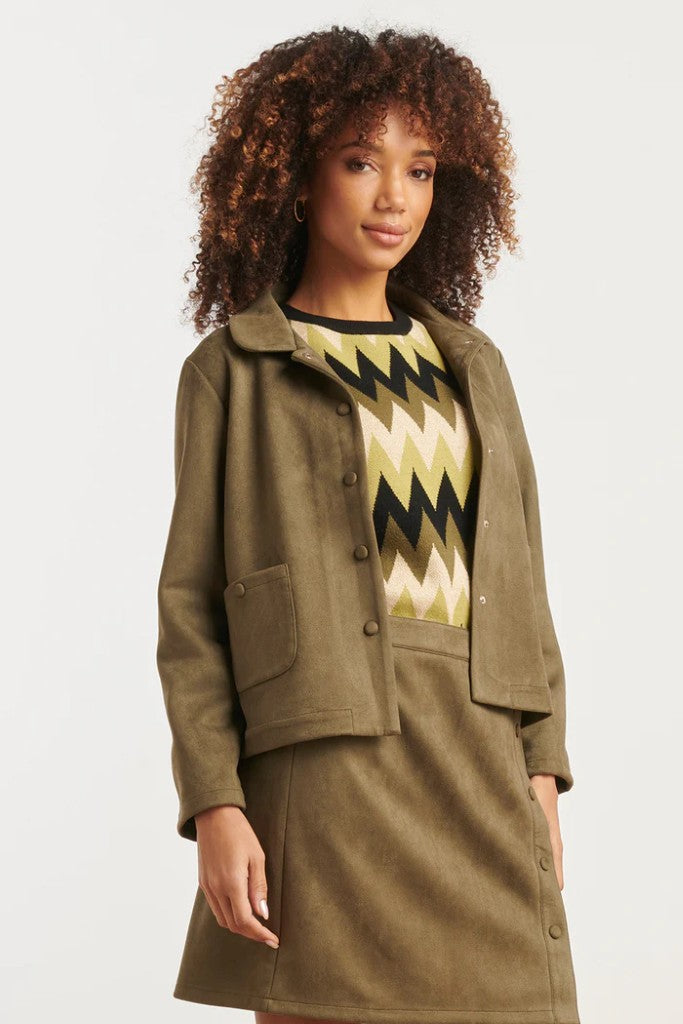 Velour Look Button Up Jacket in Army
