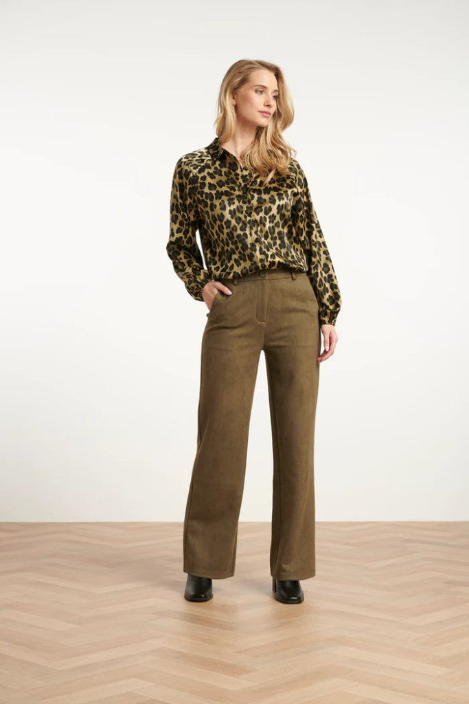 Wide Leg Velour Look Pants in Army