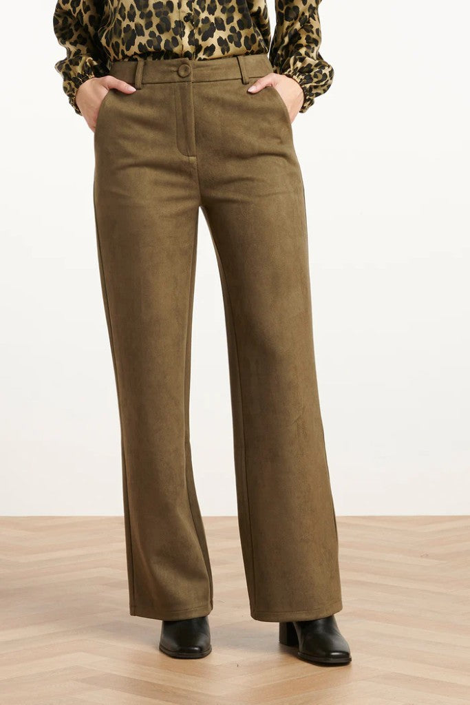 Wide Leg Velour Look Pants in Army
