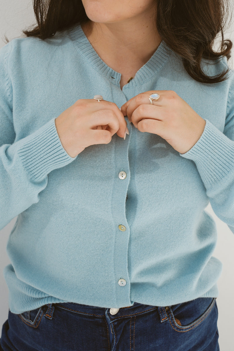 Pure Cashmere Classic Crew Cardigan in Aqua