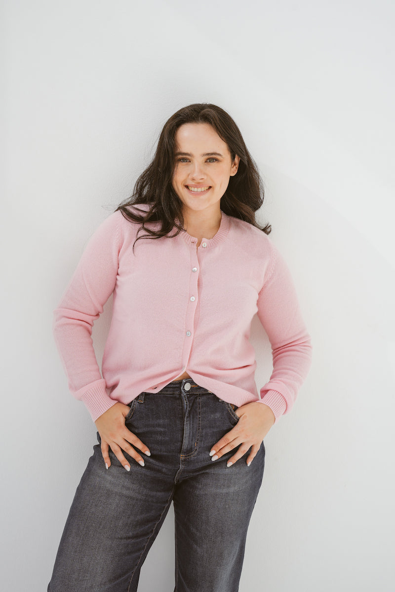 Pure Cashmere Classic Crew Cardigan in Ballet Pink