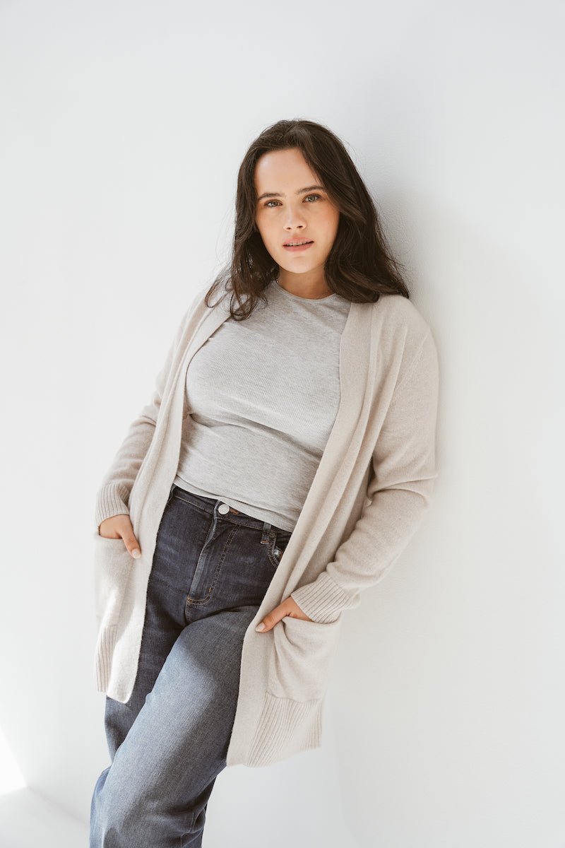Pure Cashmere Open Front Cardigan in Albatross