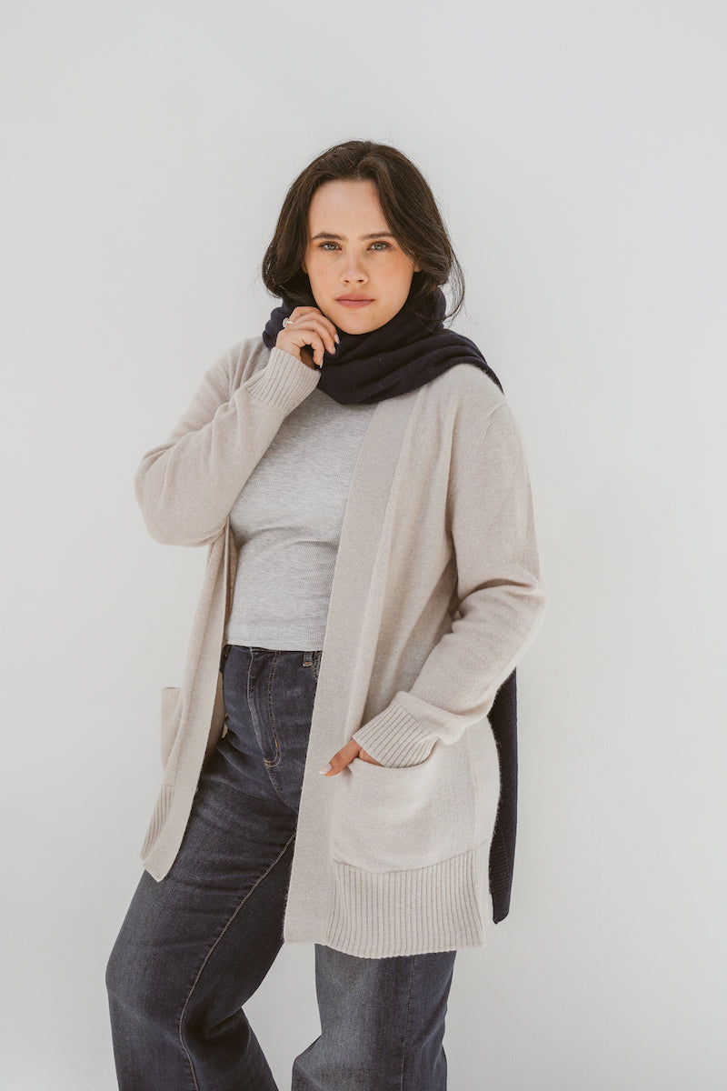Pure Cashmere Open Front Cardigan in Albatross