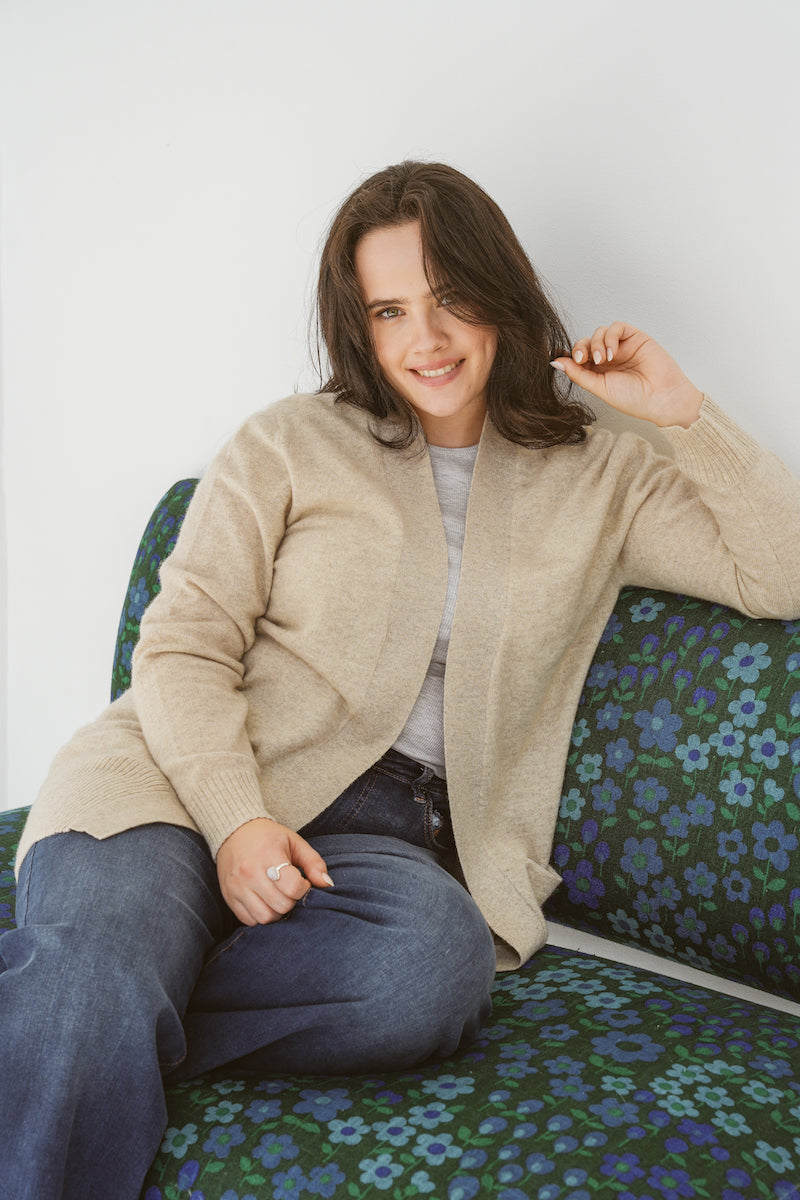 Pure Cashmere Open Front Cardigan in Toast
