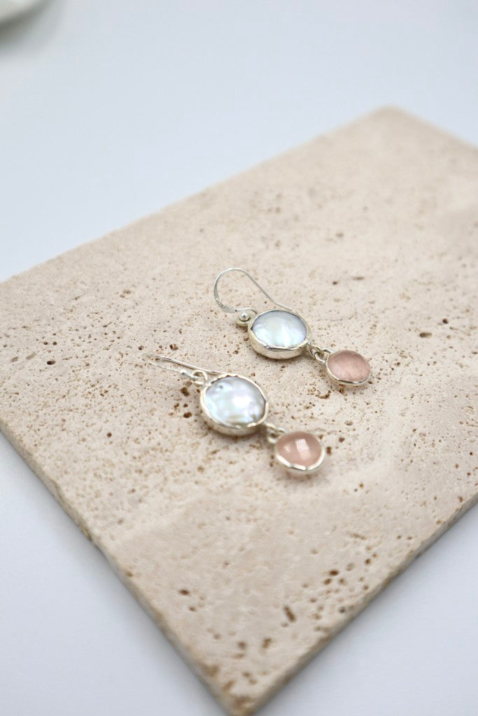 Sterling Silver Pearl/Rose Quartz Earrings