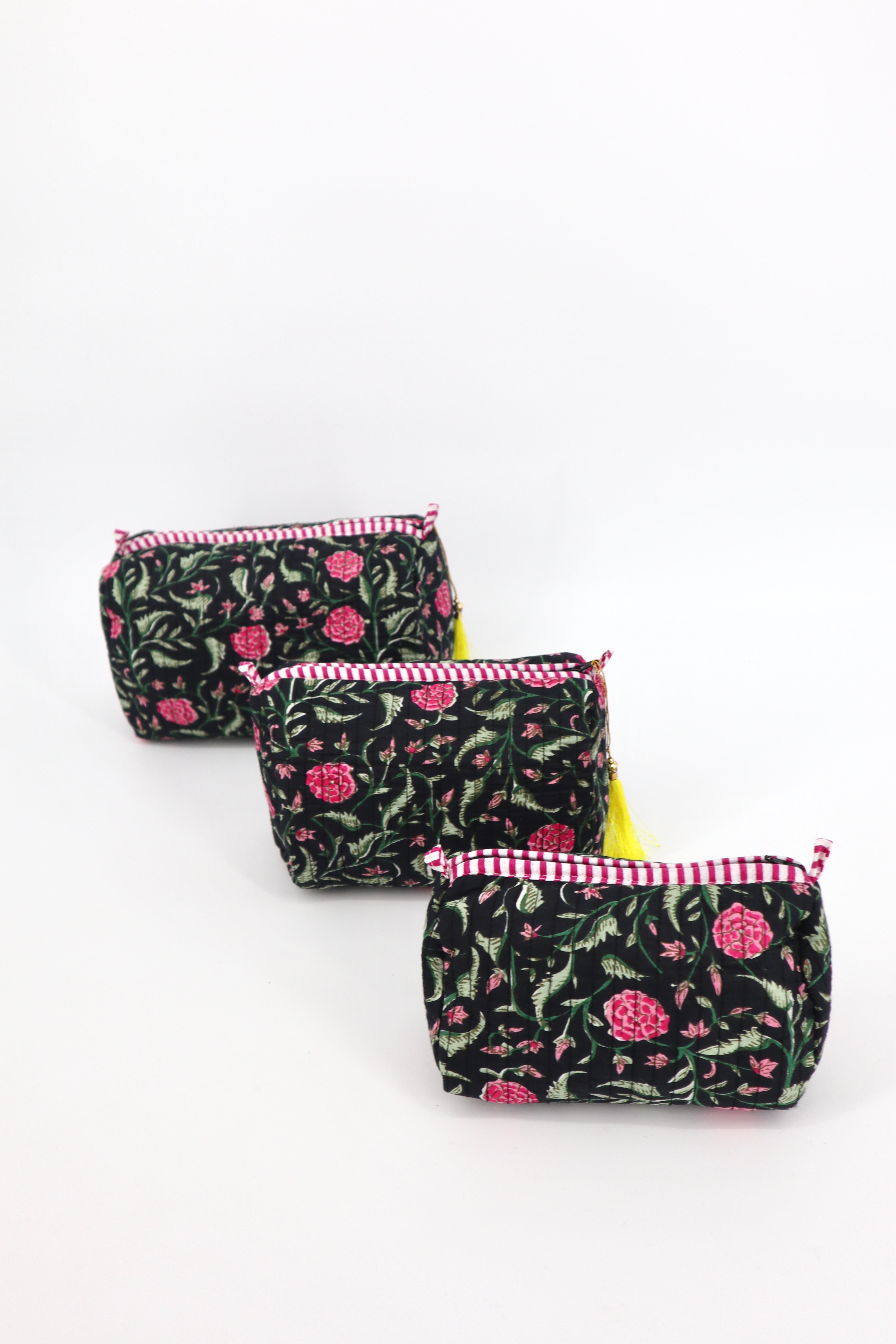 Indian Cotton Quilted Toiletry Bag in Black Floral