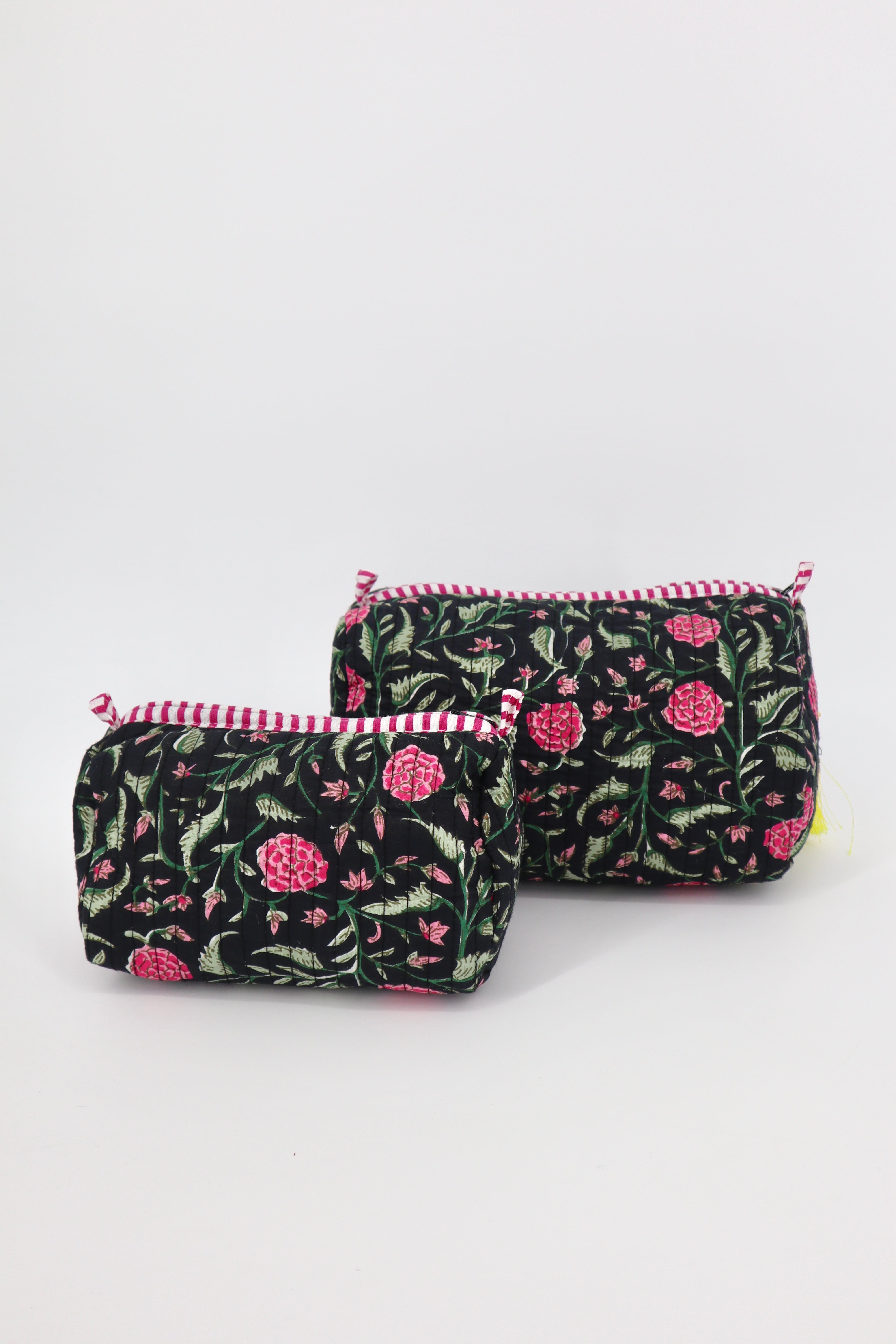 Indian Cotton Quilted Toiletry Bag in Black Floral