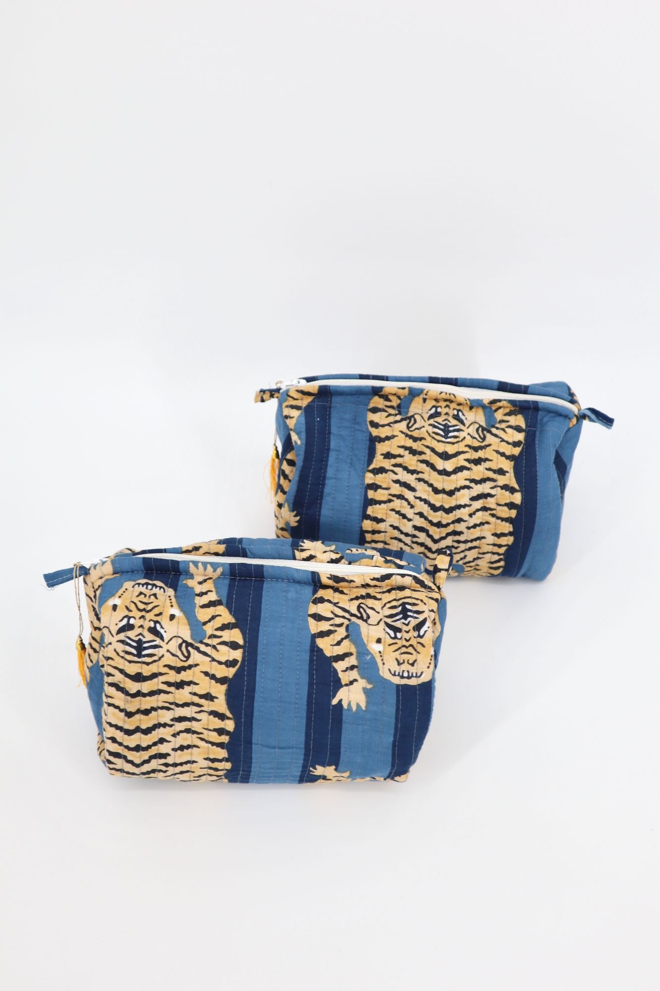 Indian Cotton Quilted Toiletry Bag in Navy Tiger