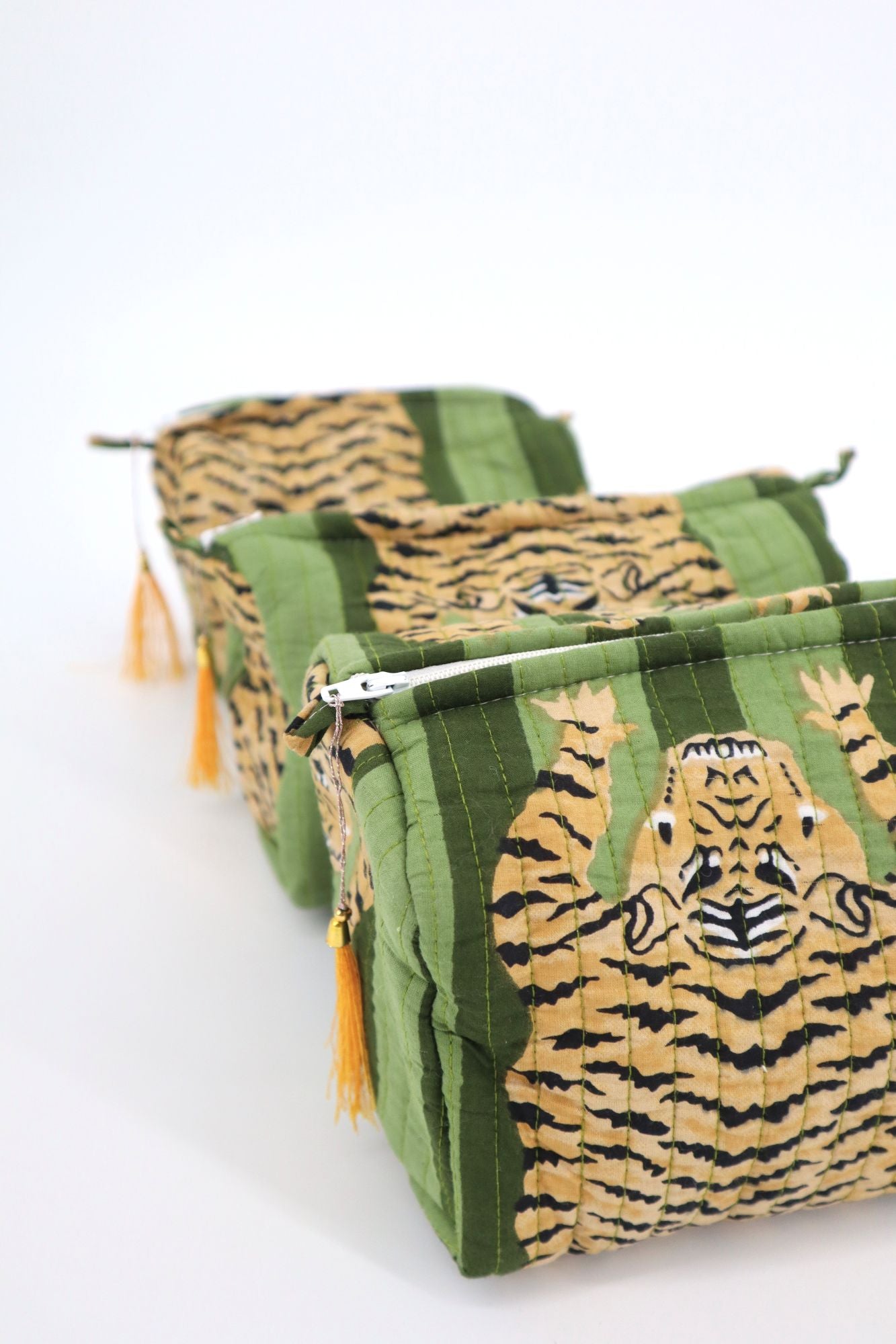 Indian Cotton Quilted Toiletry Bag in Green Tiger