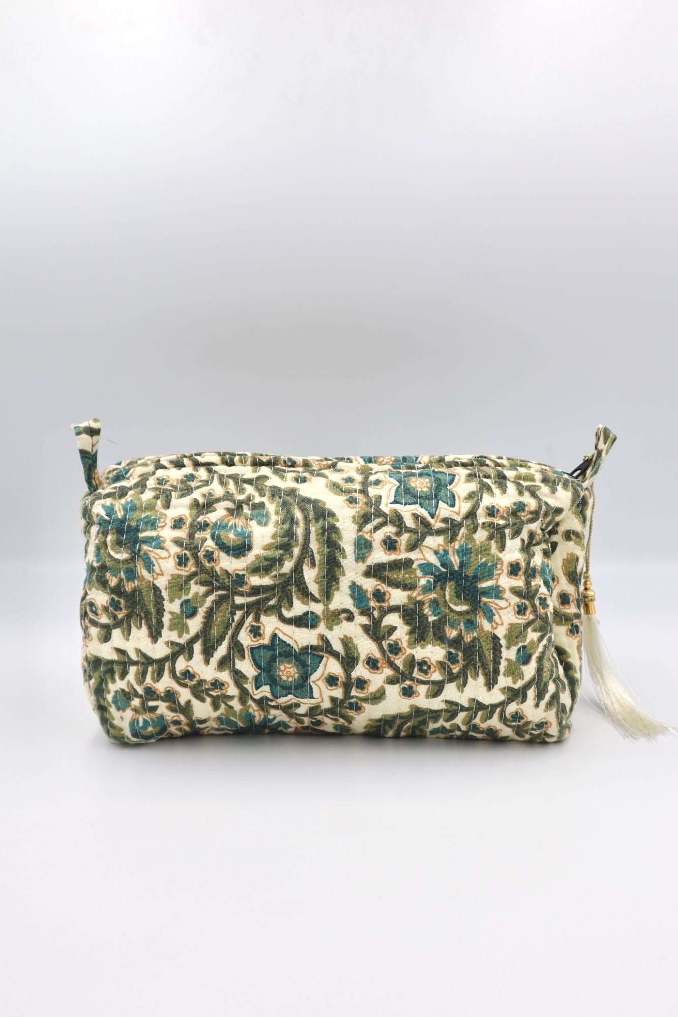 Indian Cotton Quilted Toiletry Bag in Green Vines