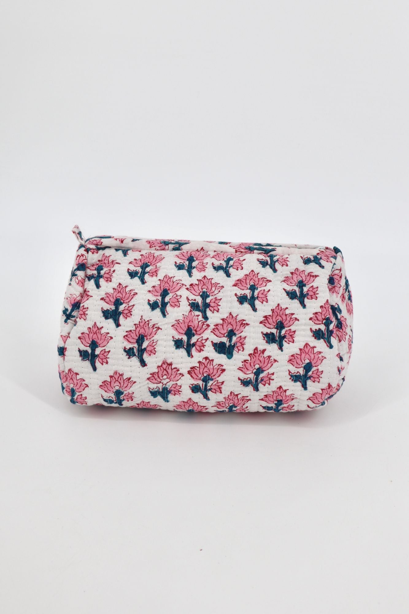 Indian Cotton Quilted Toiletry Bag in Pink & White Floral