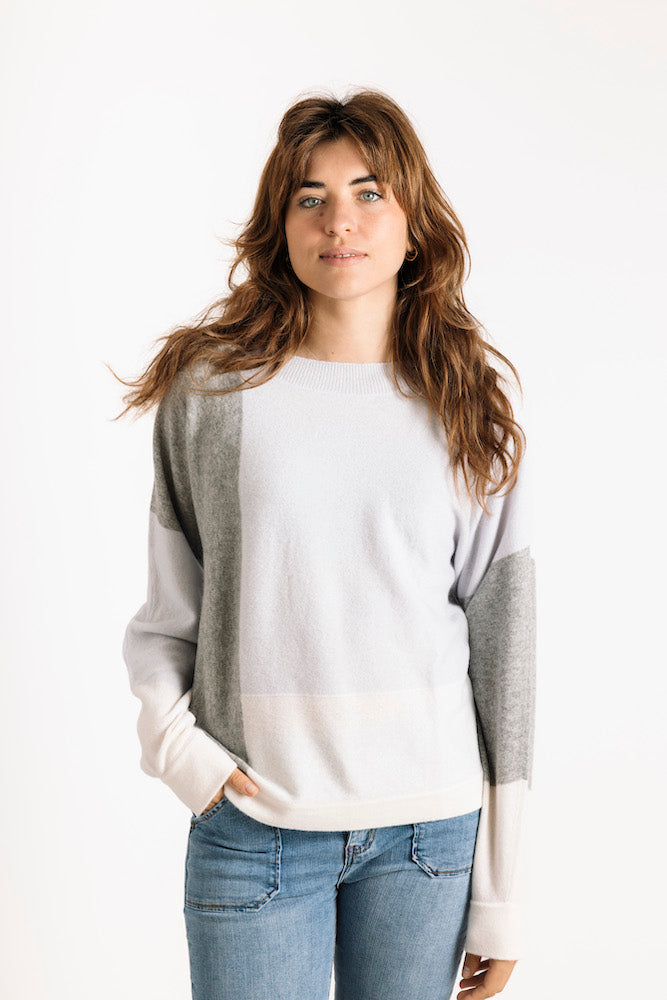 Pure Cashmere Colour Block Sweater in Pearl / Lily