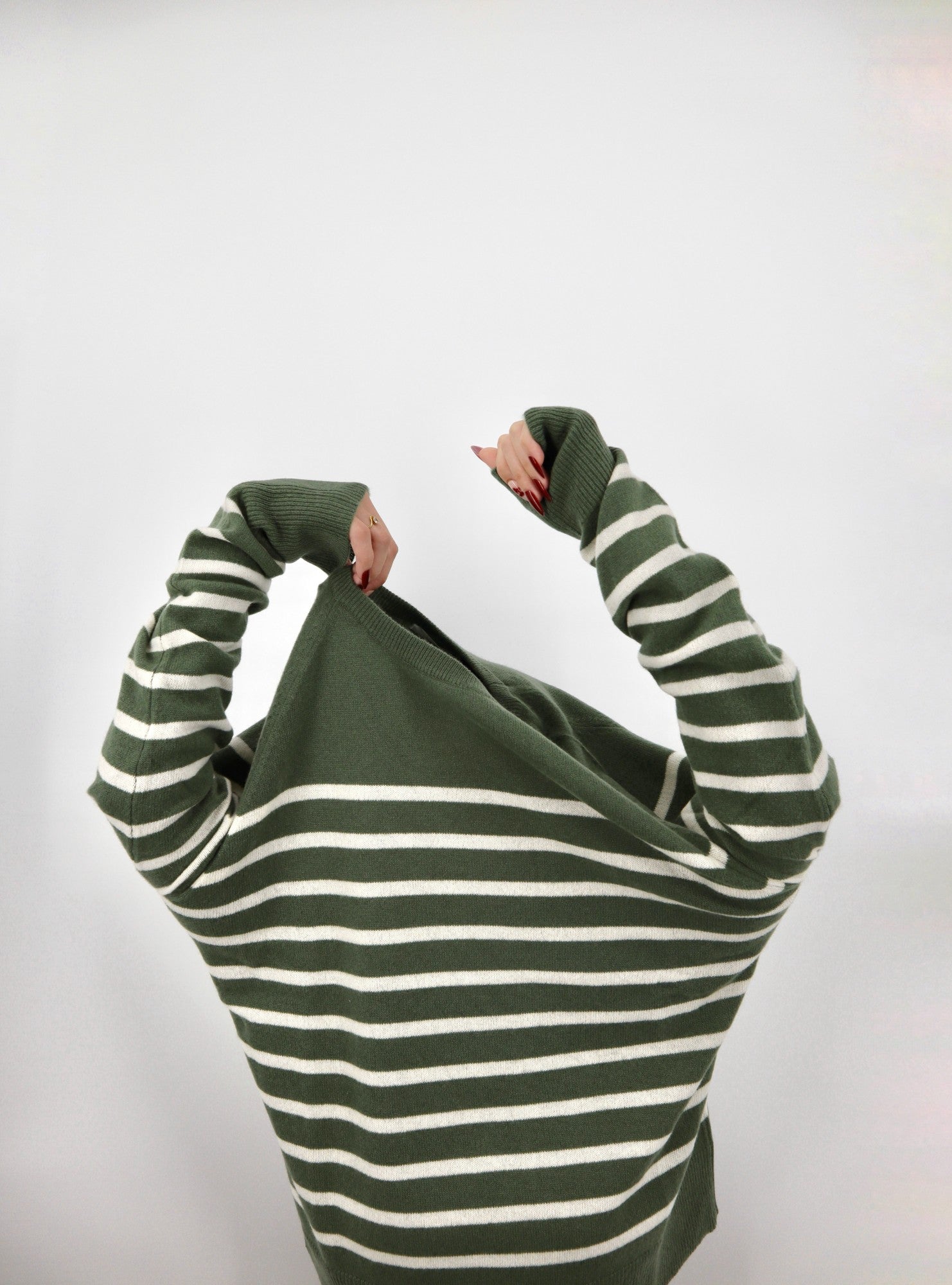 Cashmere Raglan Stripe Jumper in Viridian / Eco White