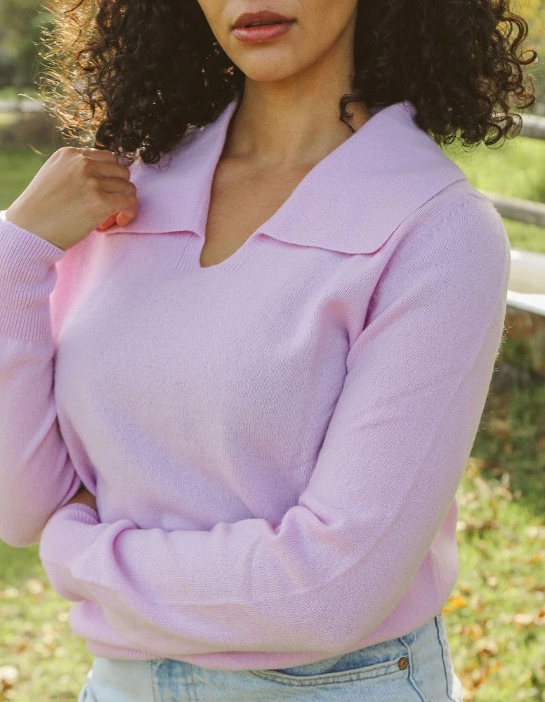 Open Collar Cashmere Sweater in Lilac