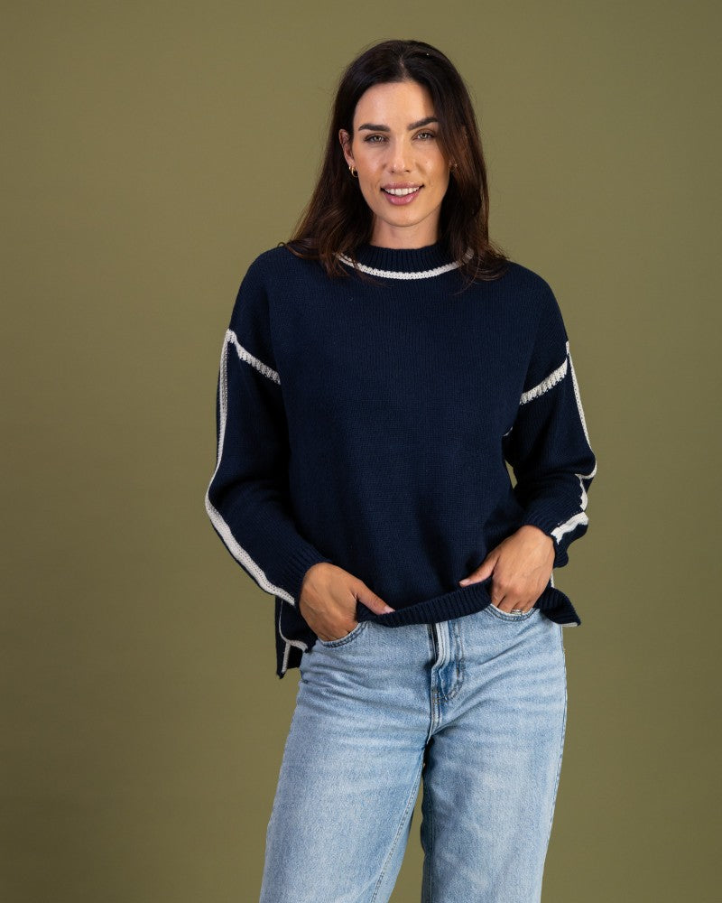 Contrast Stitch Knit in Navy / Cream