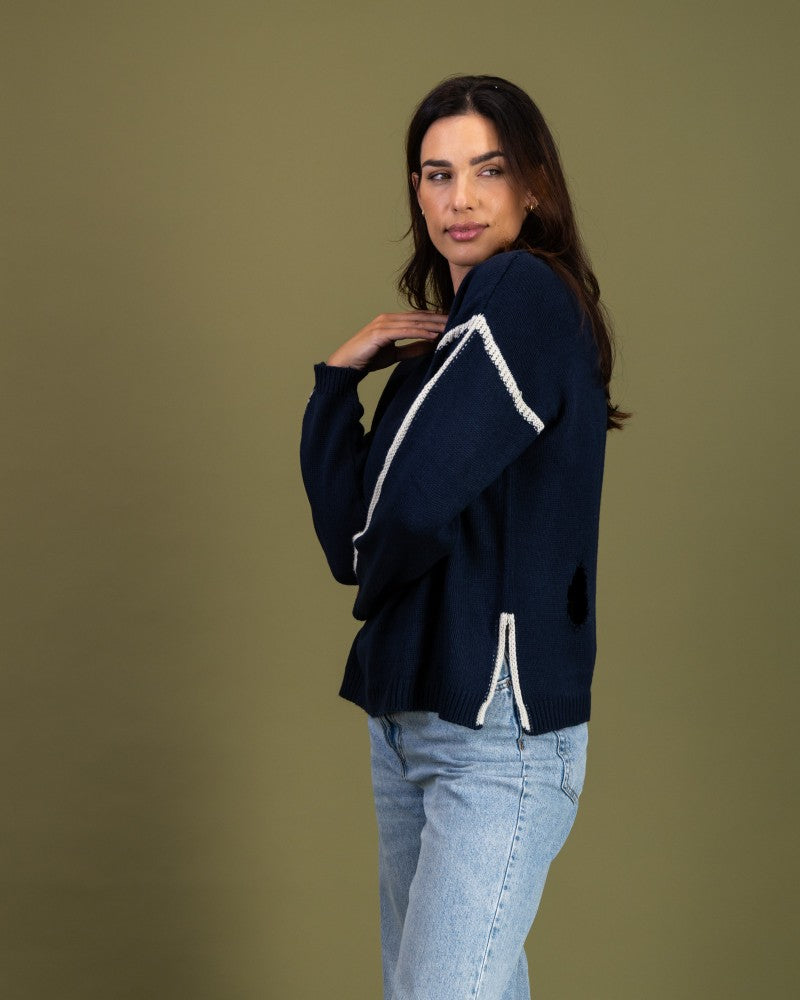 Contrast Stitch Knit in Navy / Cream