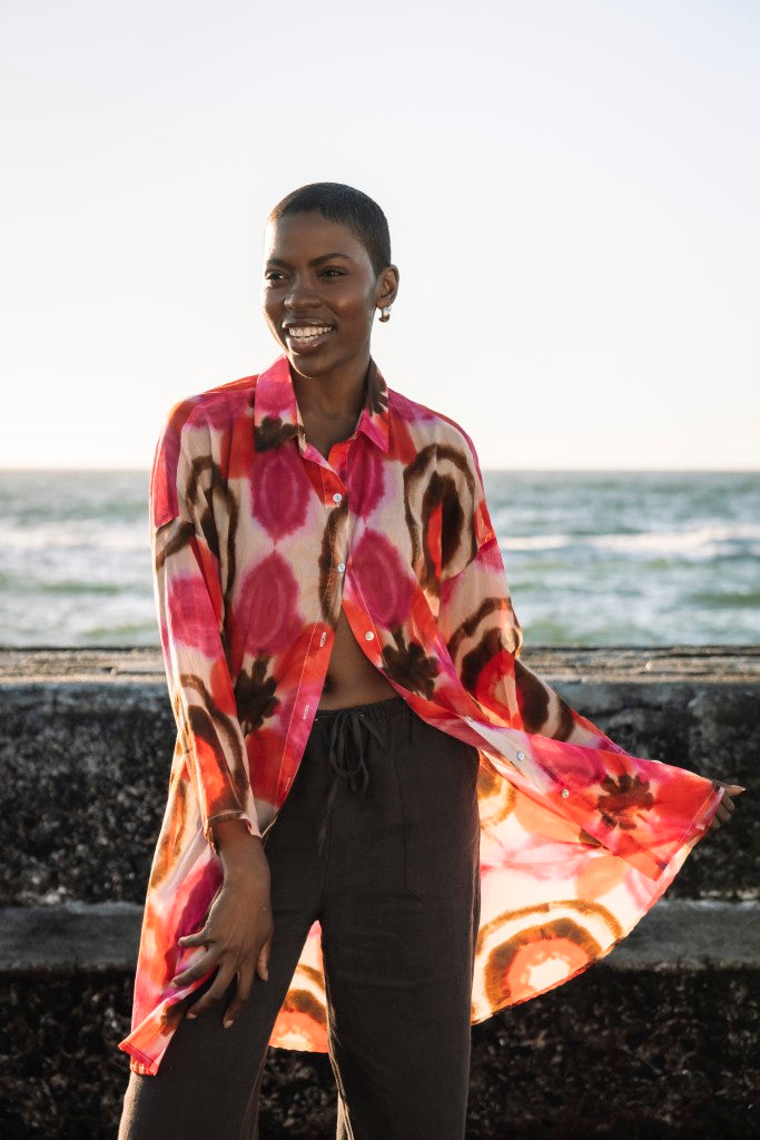 Cotton Printed Shirt Tunic in Fuchsia