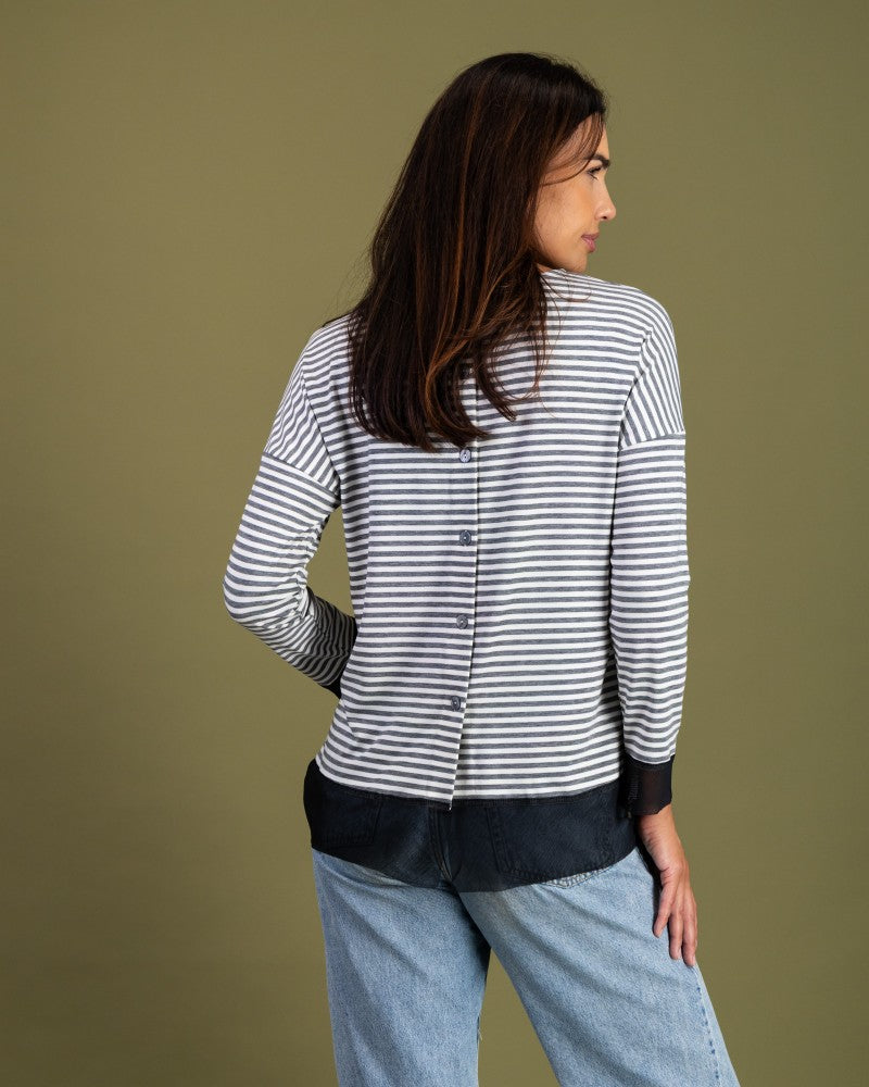 Back Button Tee in Grey Stripe