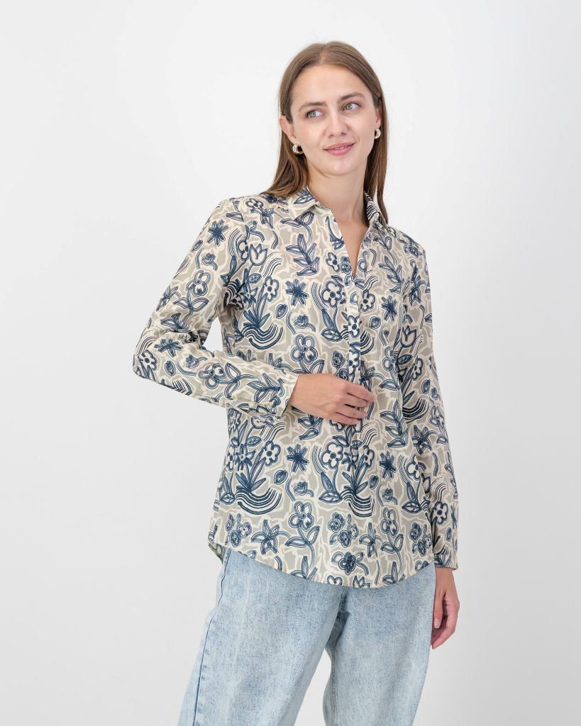 Cotton Printed Shirt in Navy & Stone