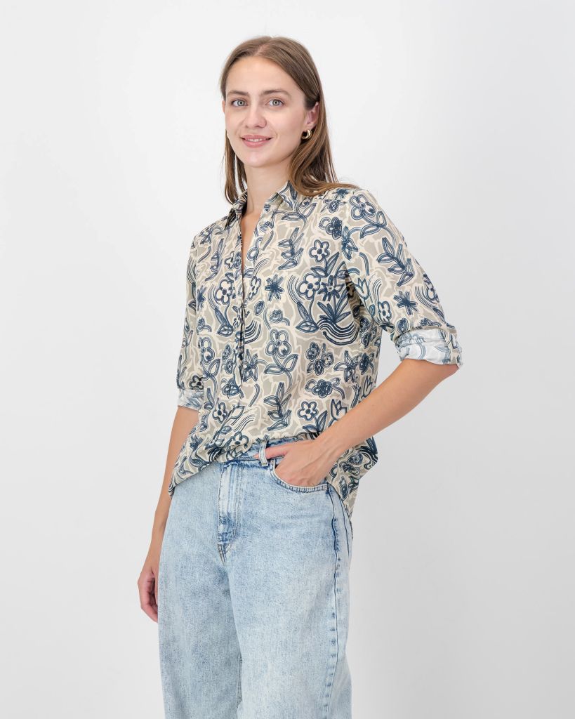 Cotton Printed Shirt in Navy & Stone