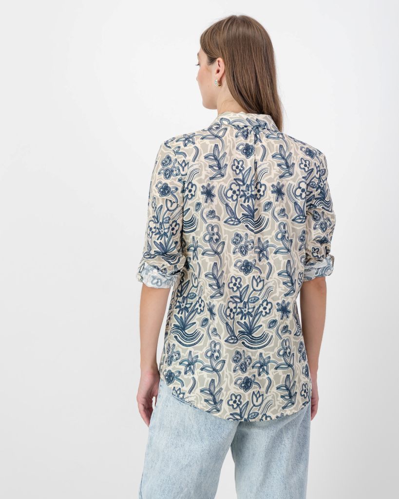 Cotton Printed Shirt in Navy & Stone