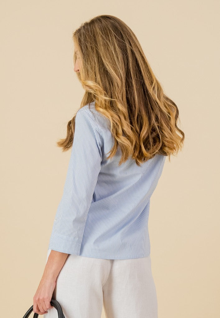 Cotton Stretch 3/4 Sleeve Shirt in Gingham Blue