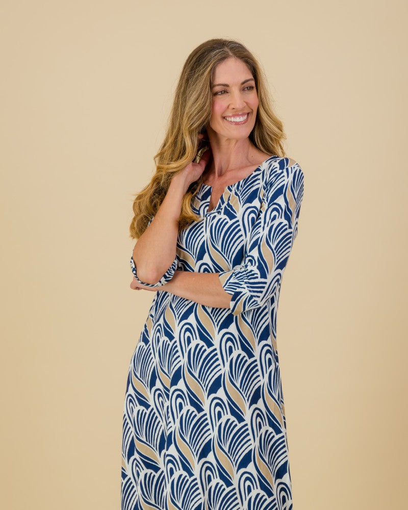 Patterned 3/4 Sleeve Dress in Navy / Stone