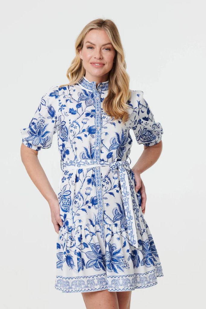Printed Tie Waist 1/2 Sleeve Short Dress in Blue