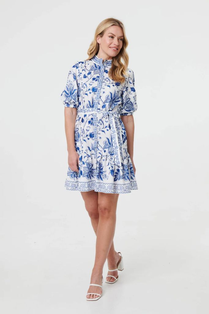 Printed Tie Waist 1/2 Sleeve Short Dress in Blue