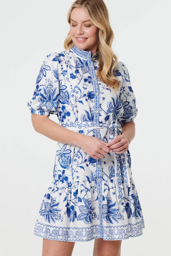 Printed Tie Waist 1/2 Sleeve Short Dress in Blue