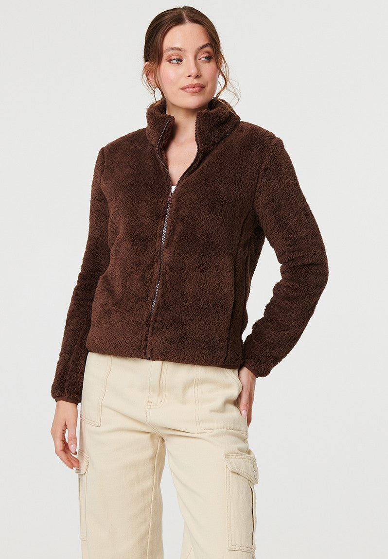 Zip Up Teddy Jacket in Chocolate