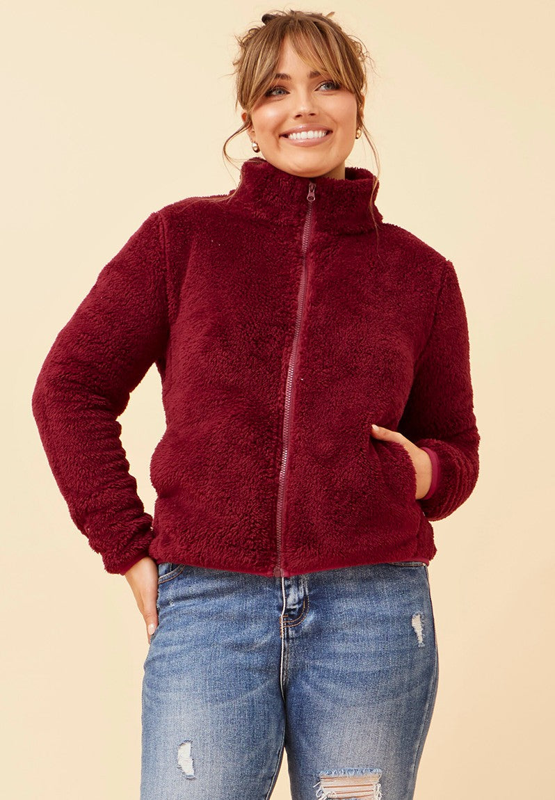 Zip Up Teddy Jacket in Red