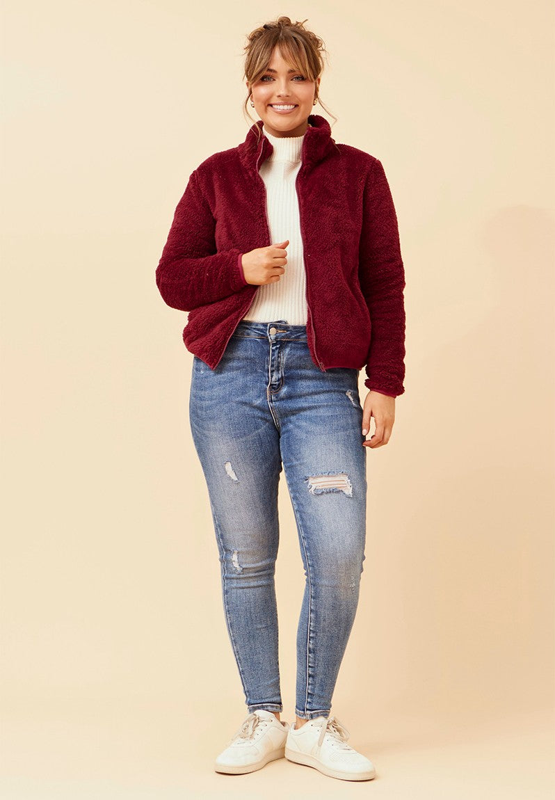 Zip Up Teddy Jacket in Red