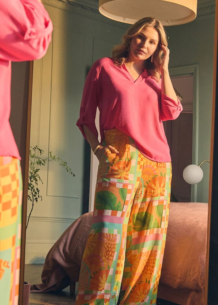 Tropical Tile Print Wide Leg Trousers