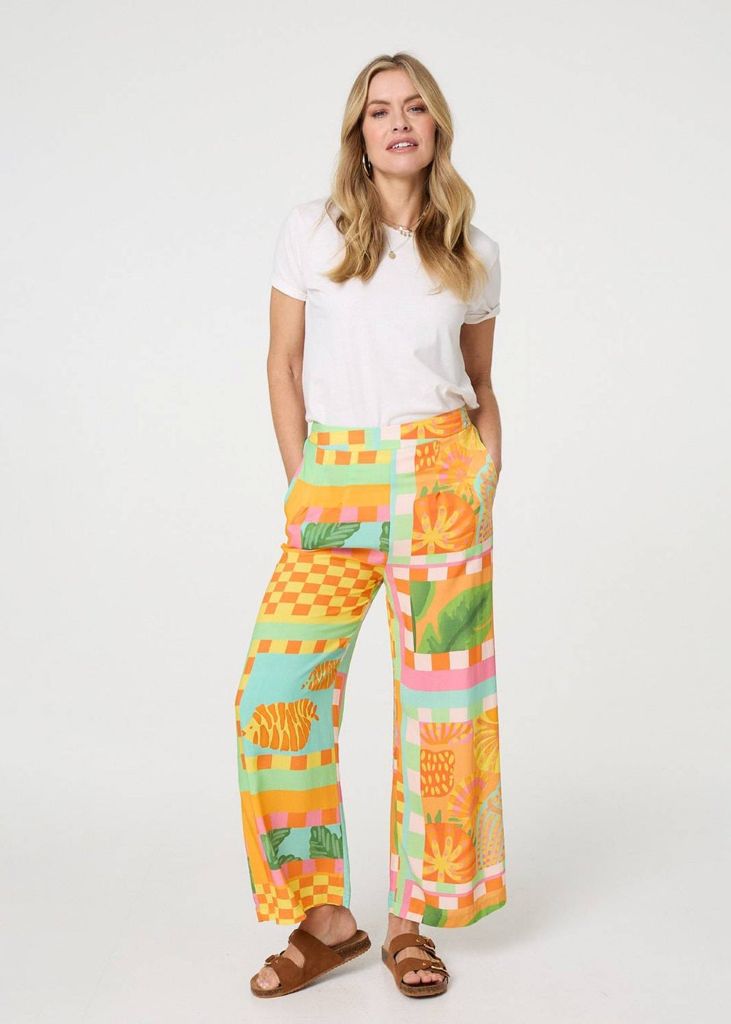 Tropical Tile Print Wide Leg Trousers