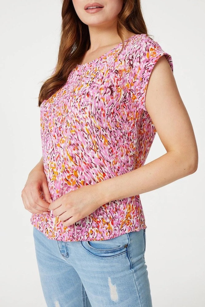 Cap Sleeve Printed Top in Red/Pink
