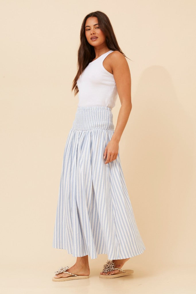 Smocked Waist Maxi Skirt in Blue Stripe