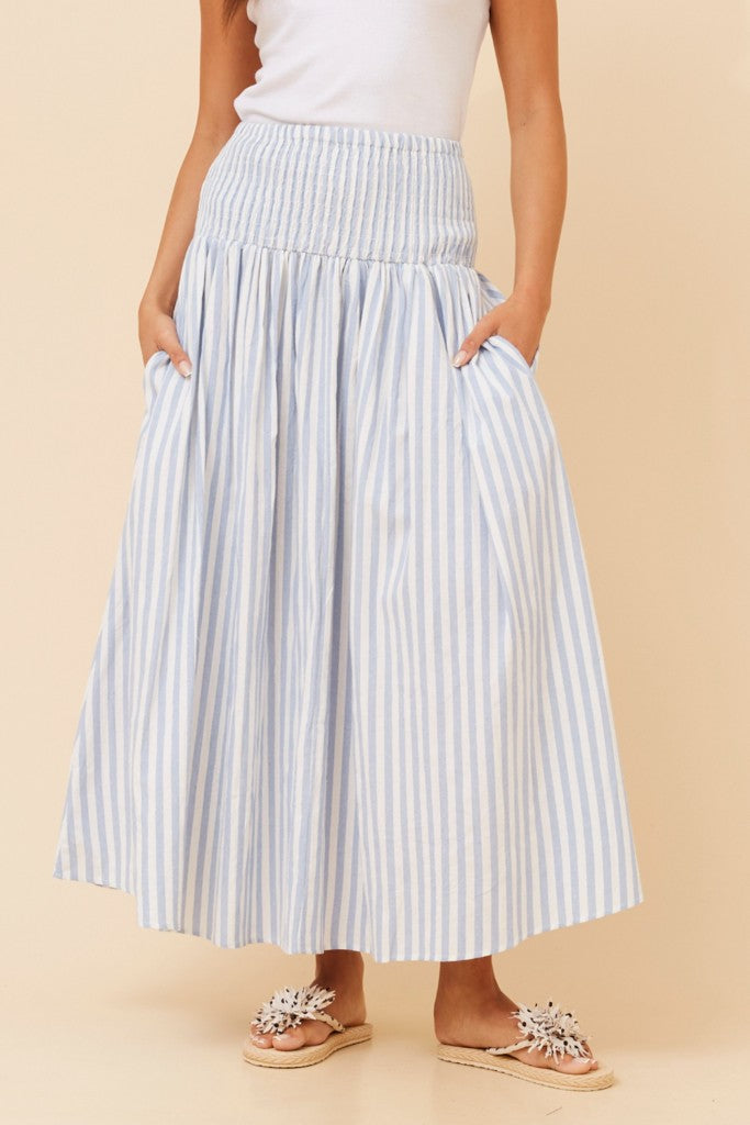 Smocked Waist Maxi Skirt in Blue Stripe