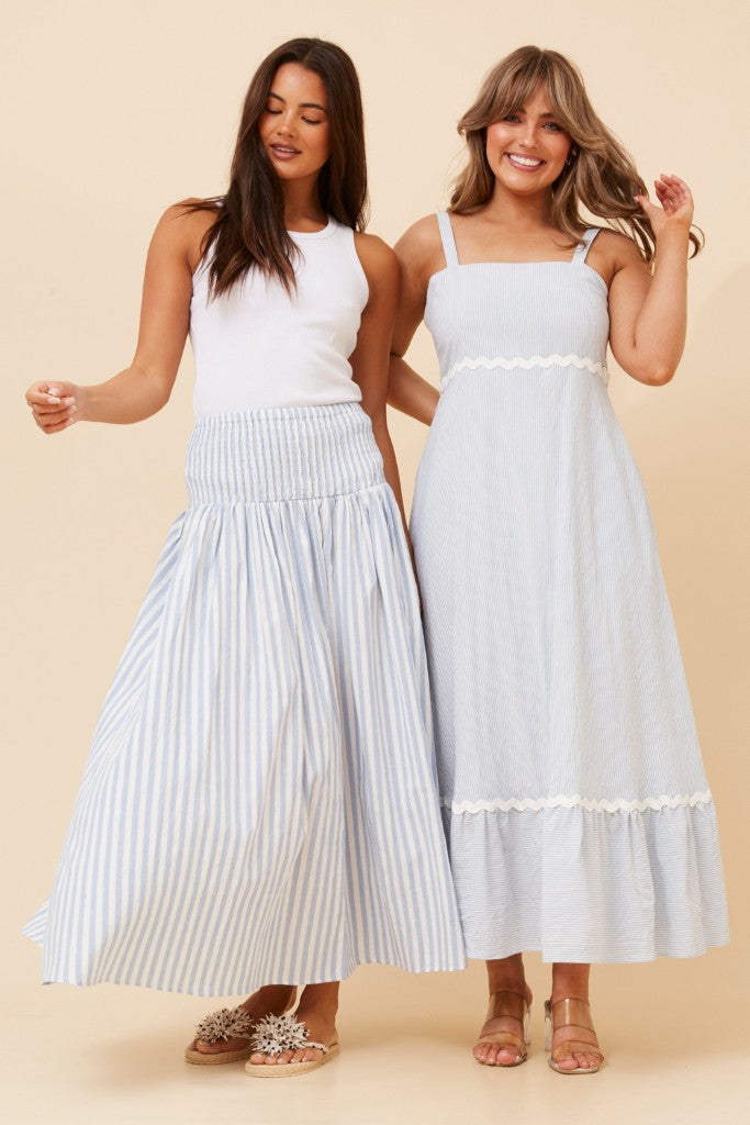Smocked Waist Maxi Skirt in Blue Stripe