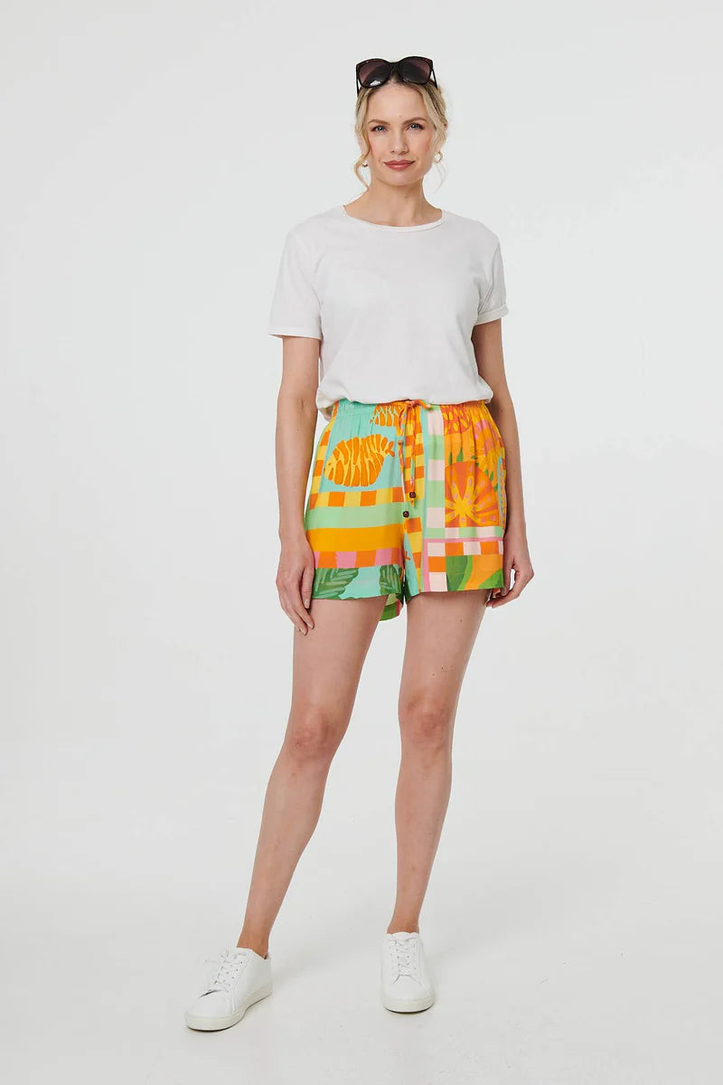 Patchwork Print Tie Waist Shorts
