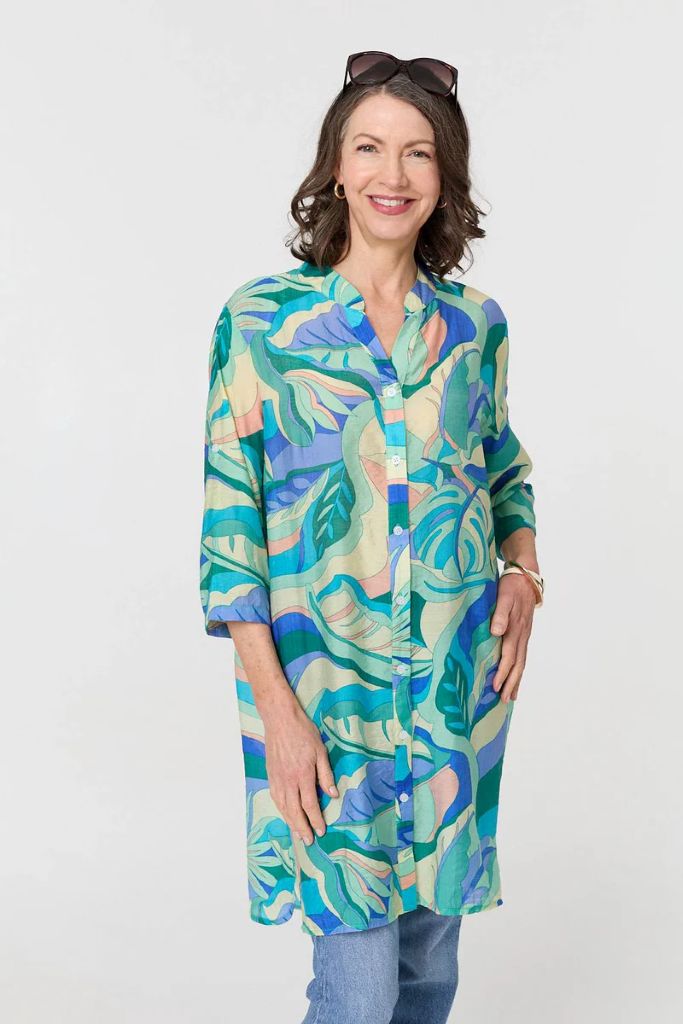 Abstract Longline Relaxed Tunic Shirt in Green