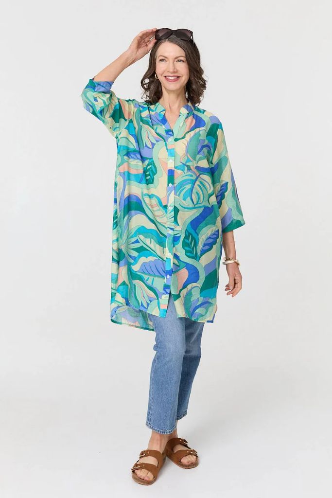 Abstract Longline Relaxed Tunic Shirt in Green