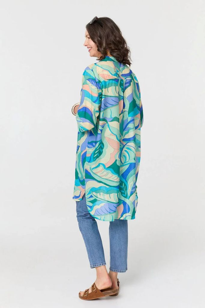 Abstract Longline Relaxed Tunic Shirt in Green