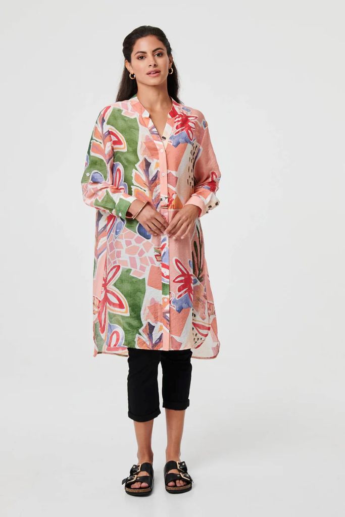Abstract Longline Relaxed Shirt Dress in Pink