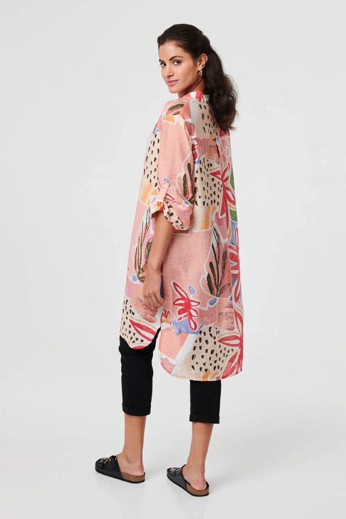 Abstract Longline Relaxed Shirt Dress in Pink