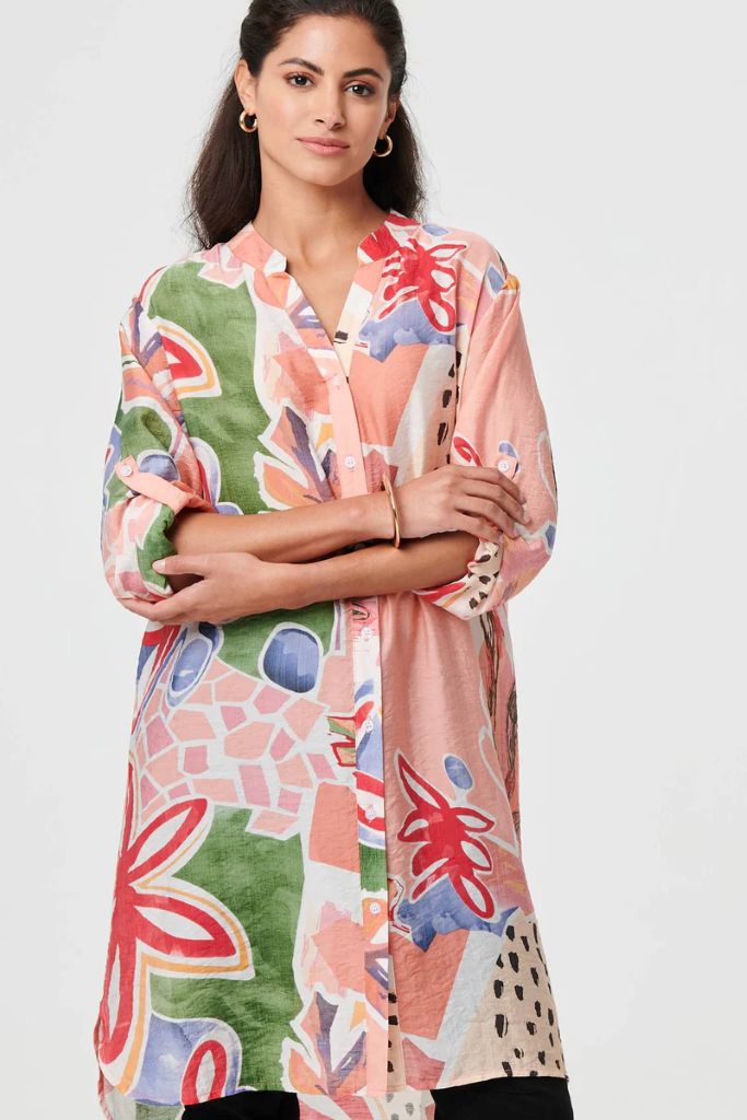Abstract Longline Relaxed Shirt Dress in Pink