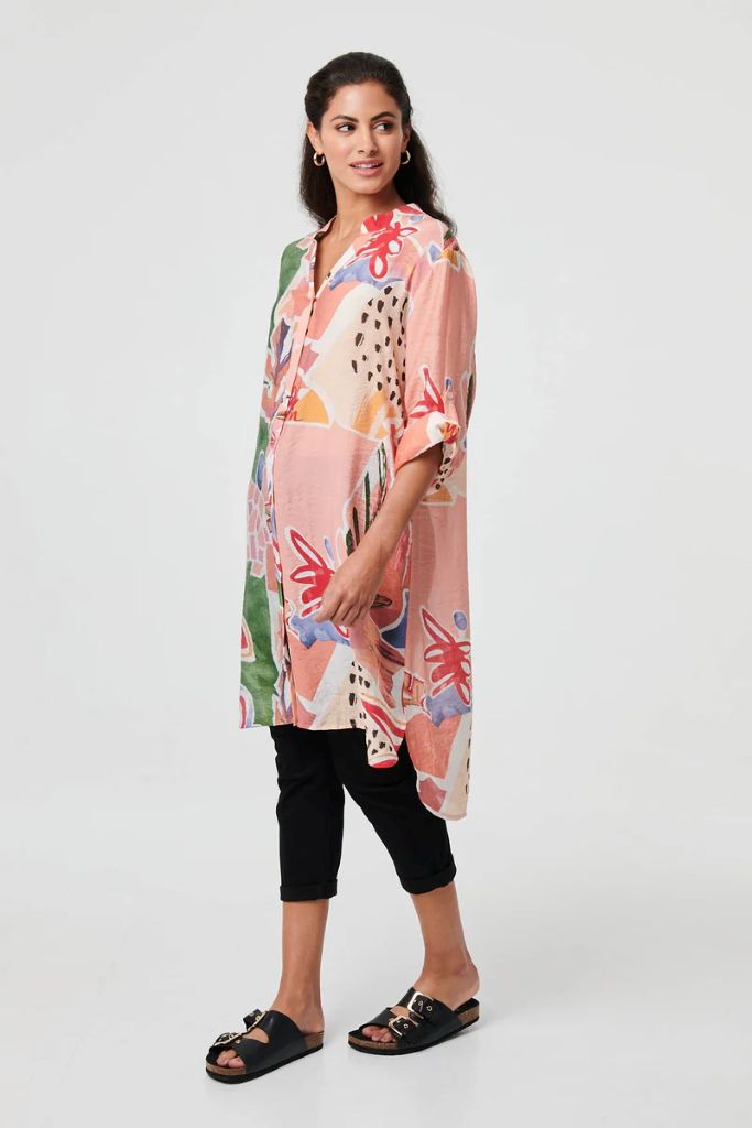 Abstract Longline Relaxed Shirt Dress in Pink